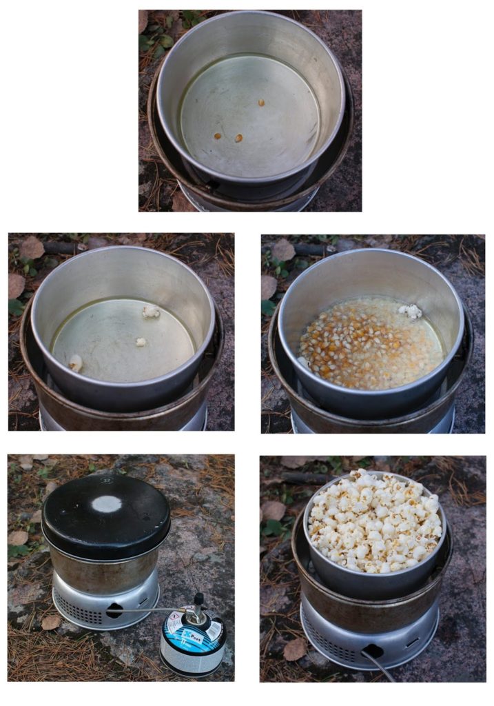 kuvasarja popkornien valmistamisesta trangialla