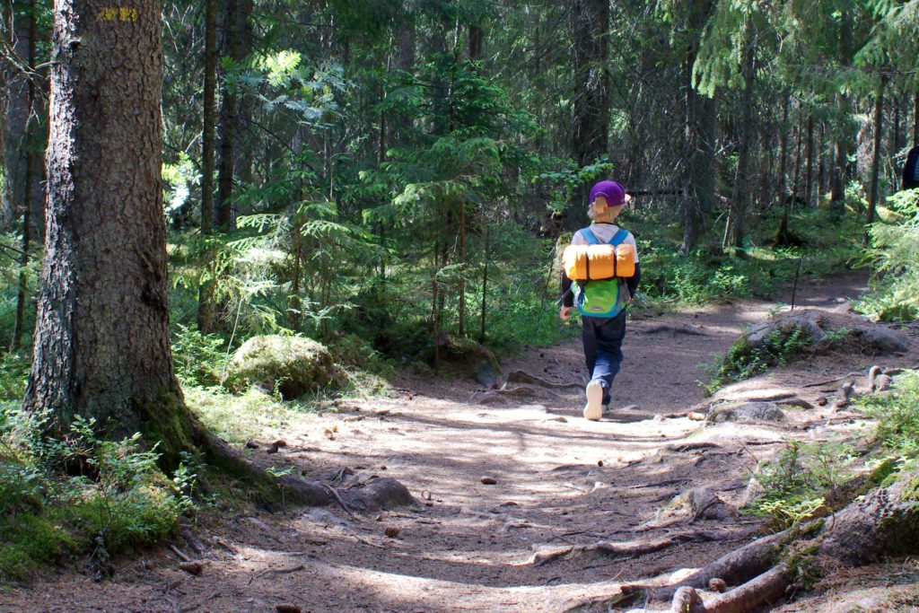 Poika kävelee metsäpolkua pitkin